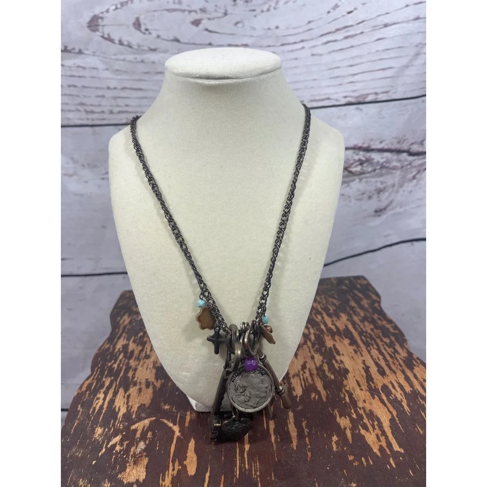 Vintage‎ Charm Necklace with Keys Coin and Beaded Accents